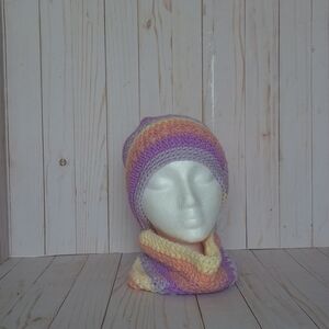 Hand crocheted beanie with a faux fur pom and cowl scarf set